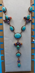 Kingman Turquoise, Pink Dahlia, and CZ  Copper Lariat Necklace