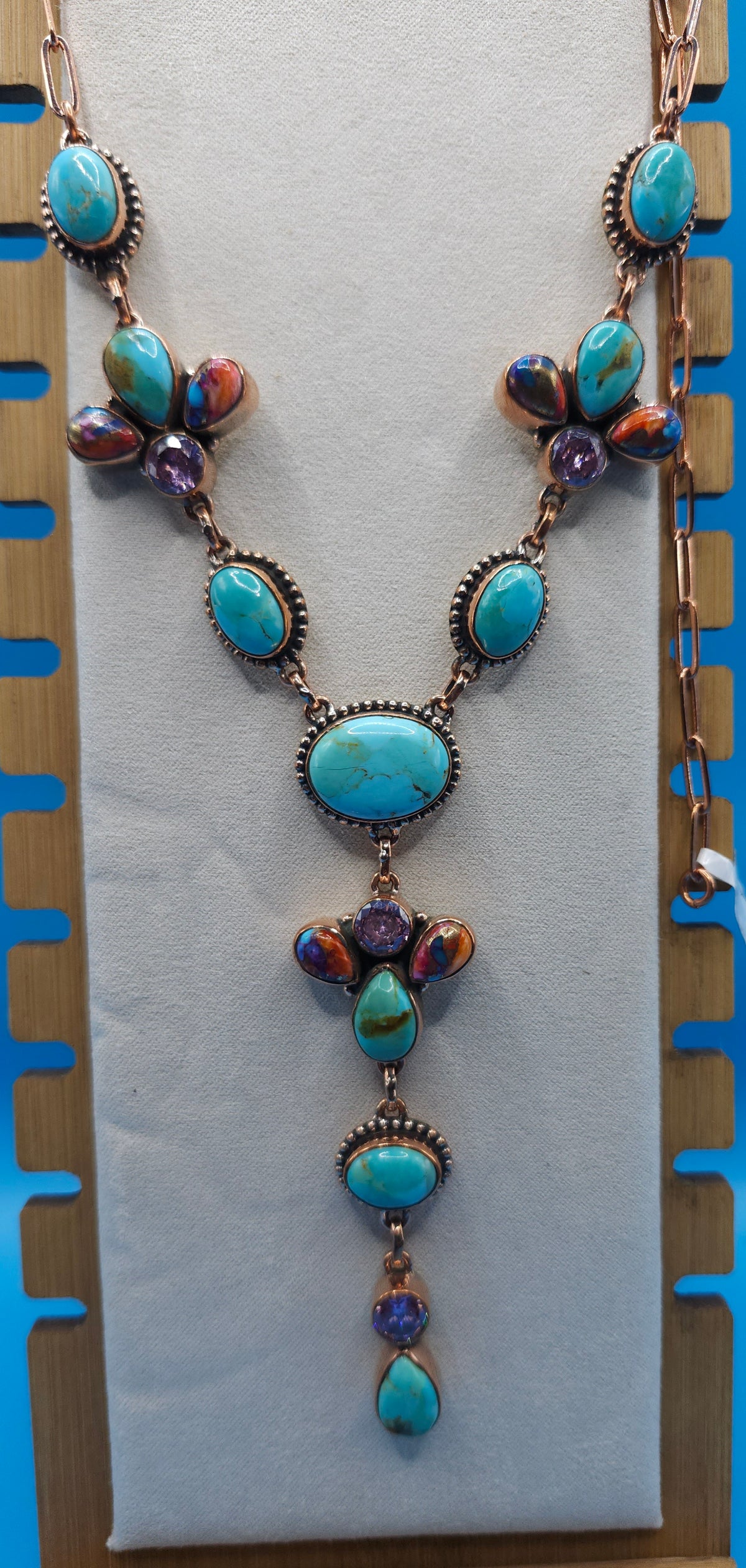 Kingman Turquoise, Pink Dahlia, and CZ  Copper Lariat Necklace