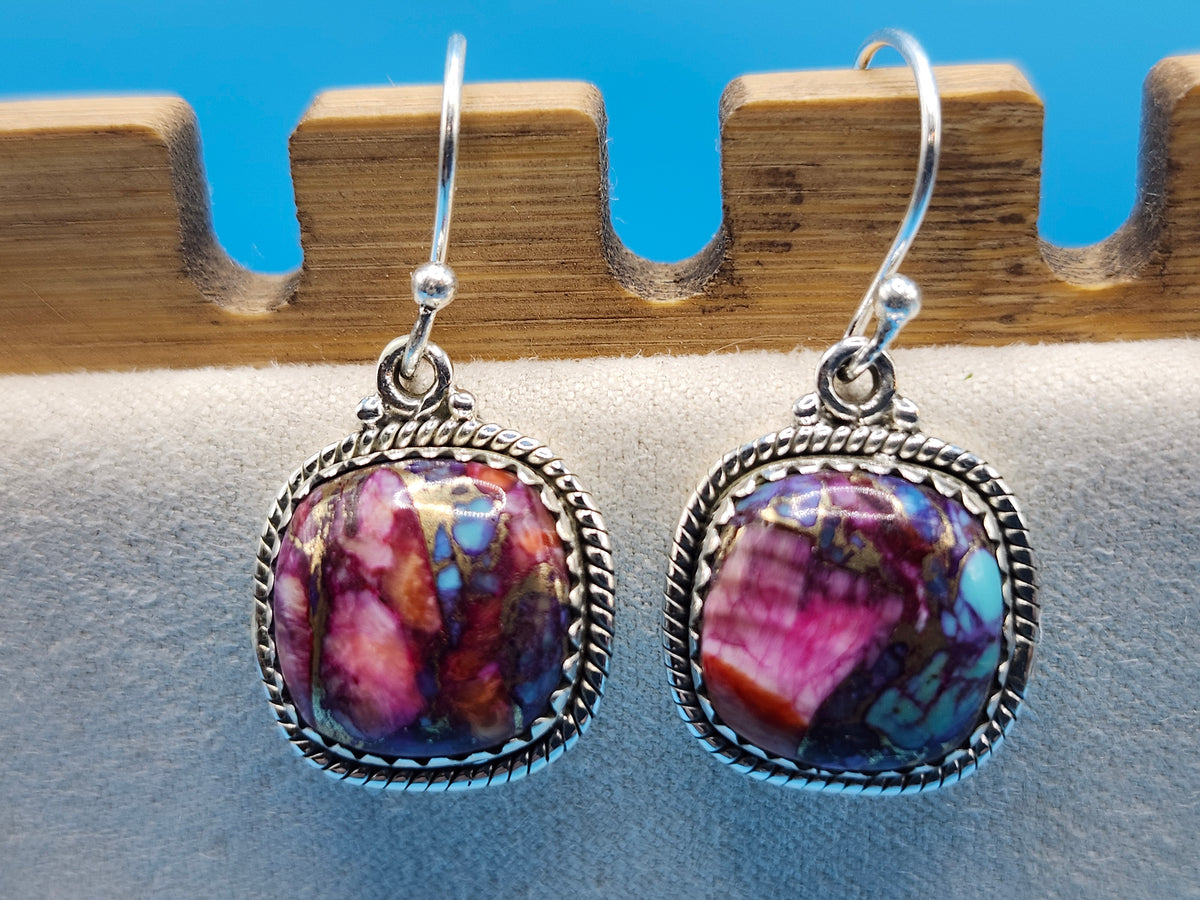 Pink Dahlia and Turquoise Dangle Earrings in .925 Silver