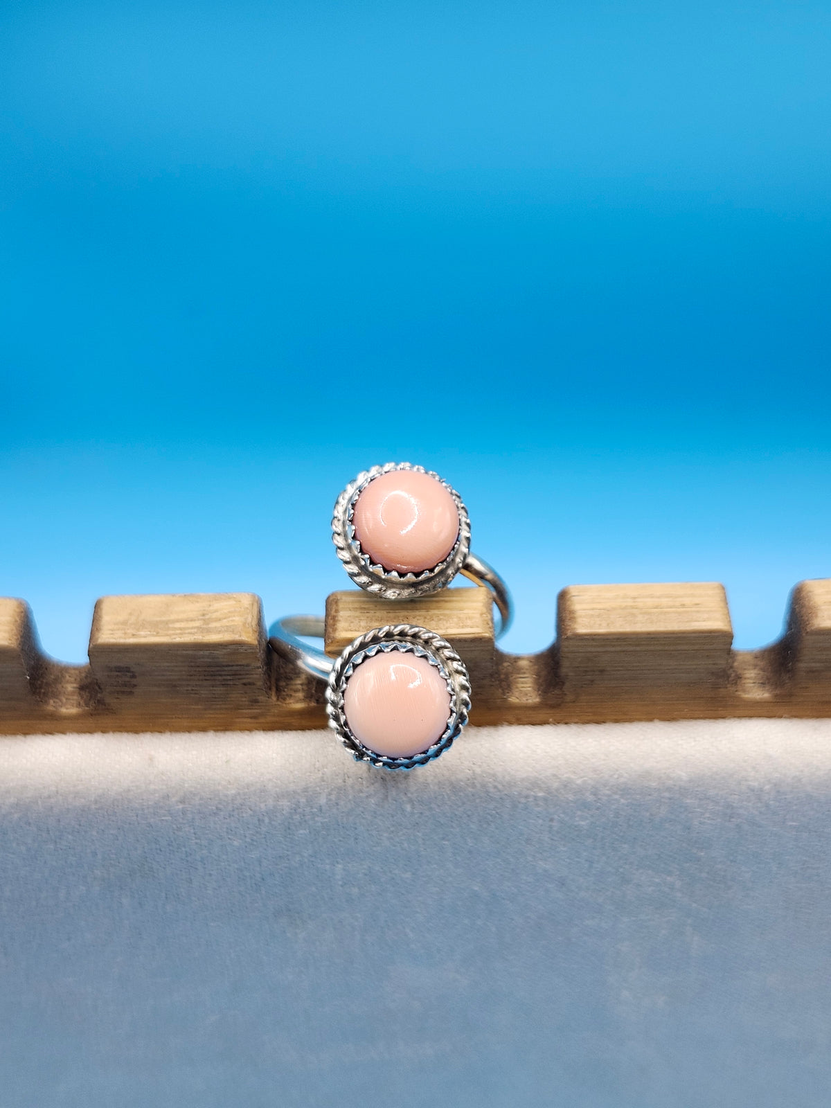 Native made Round Pink Conch 2 stone bypass ring