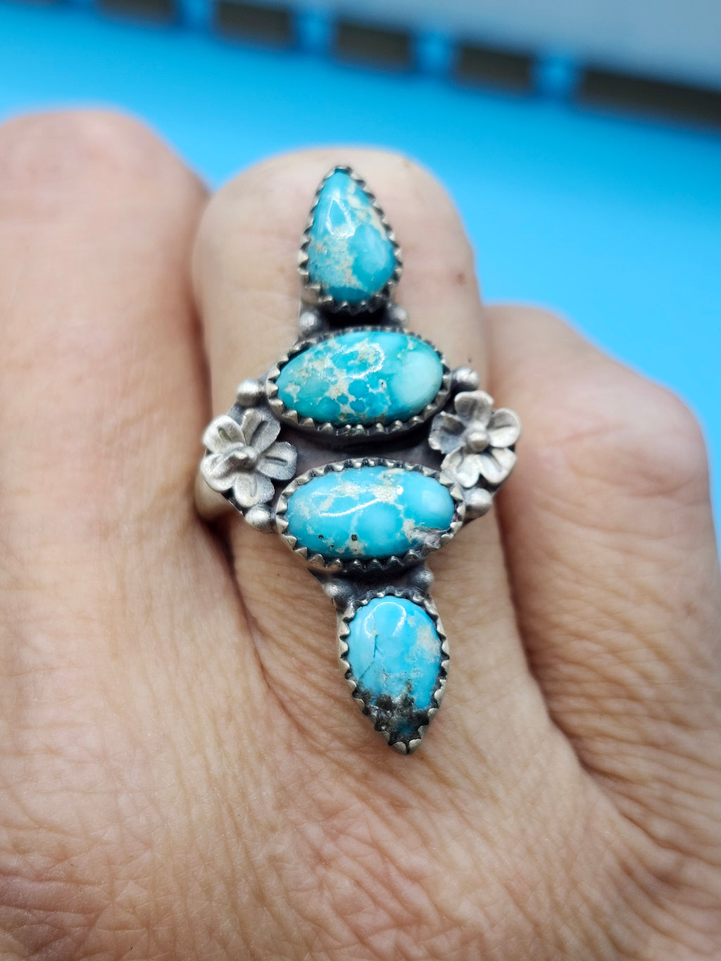 4 stone White Water Turquoise adjustable silver ring