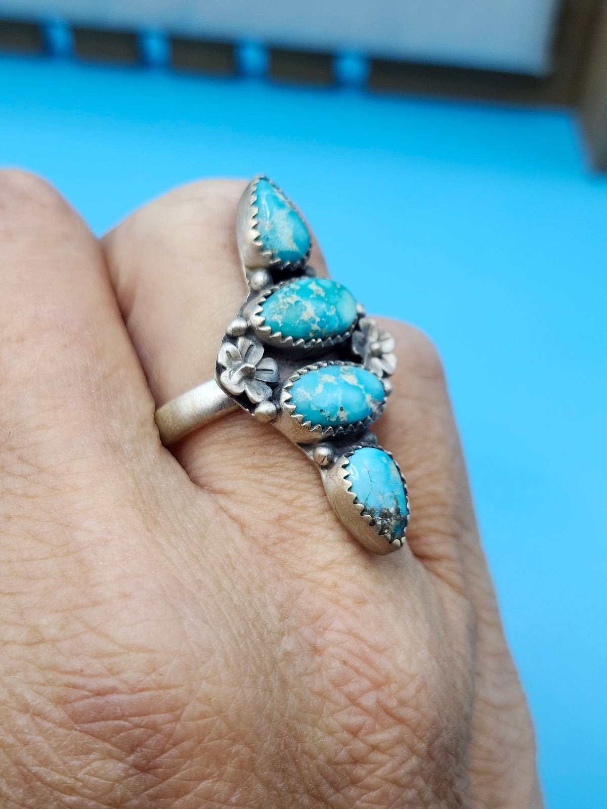 4 stone White Water Turquoise adjustable silver ring